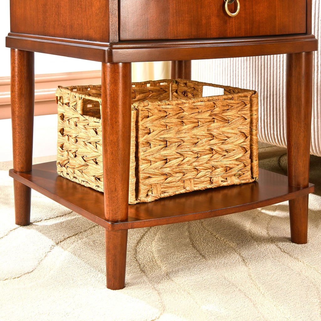 Large Cherry Wood 2-Tier Side Table with Drawer and Shelf O3779