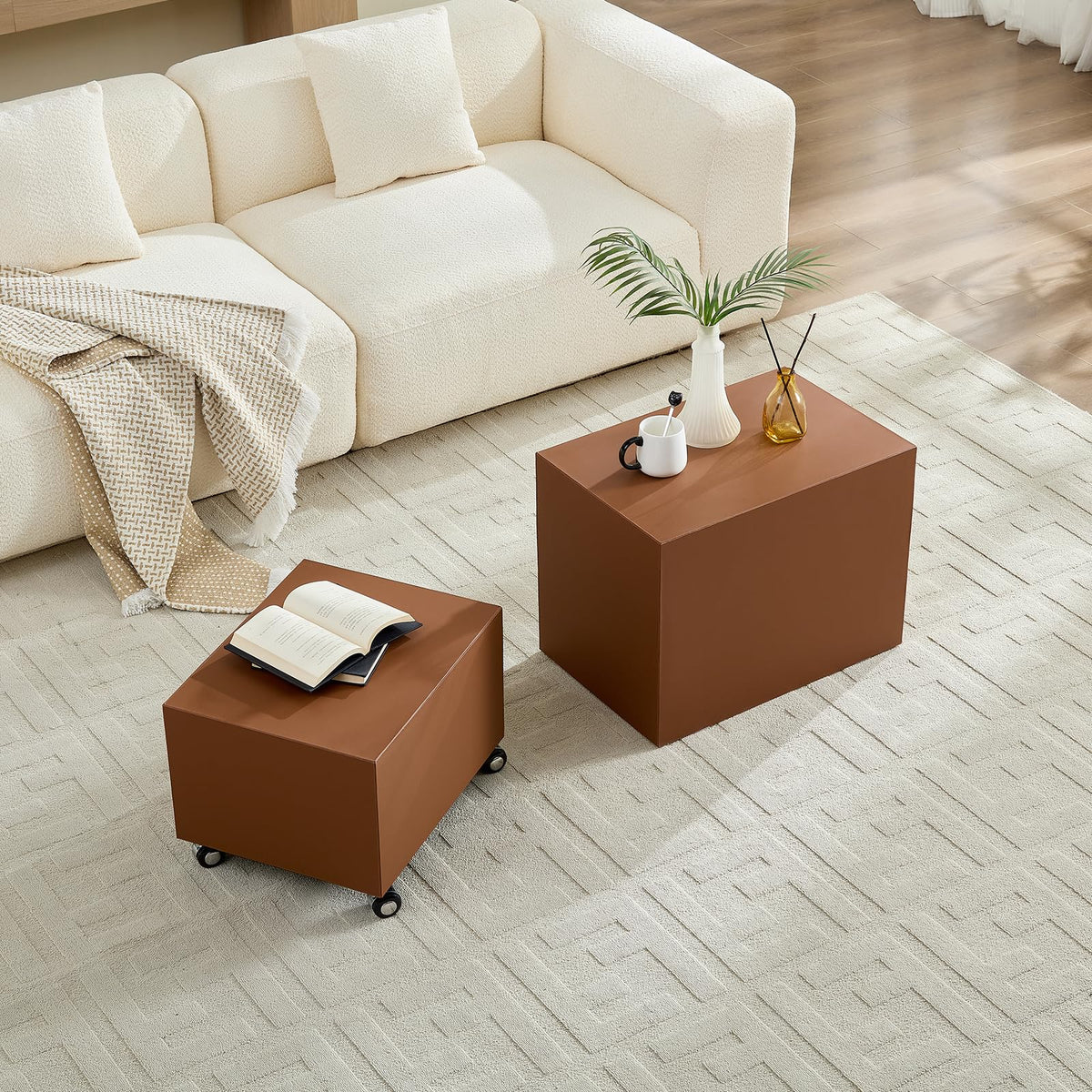 Brown Rolling Leather Coffee Table Set of 2 N2555