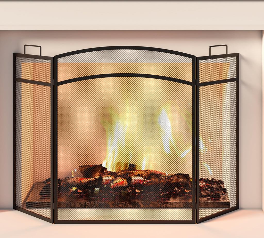 Black Foldable Wrought Metal Mesh Fireplace Screen S8124