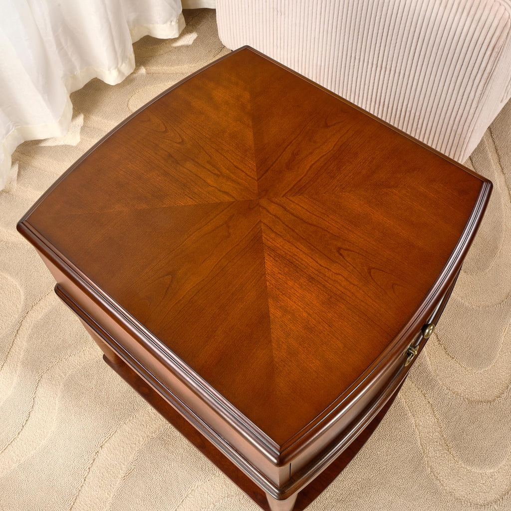 Large Cherry Wood 2-Tier Side Table with Drawer and Shelf O3779