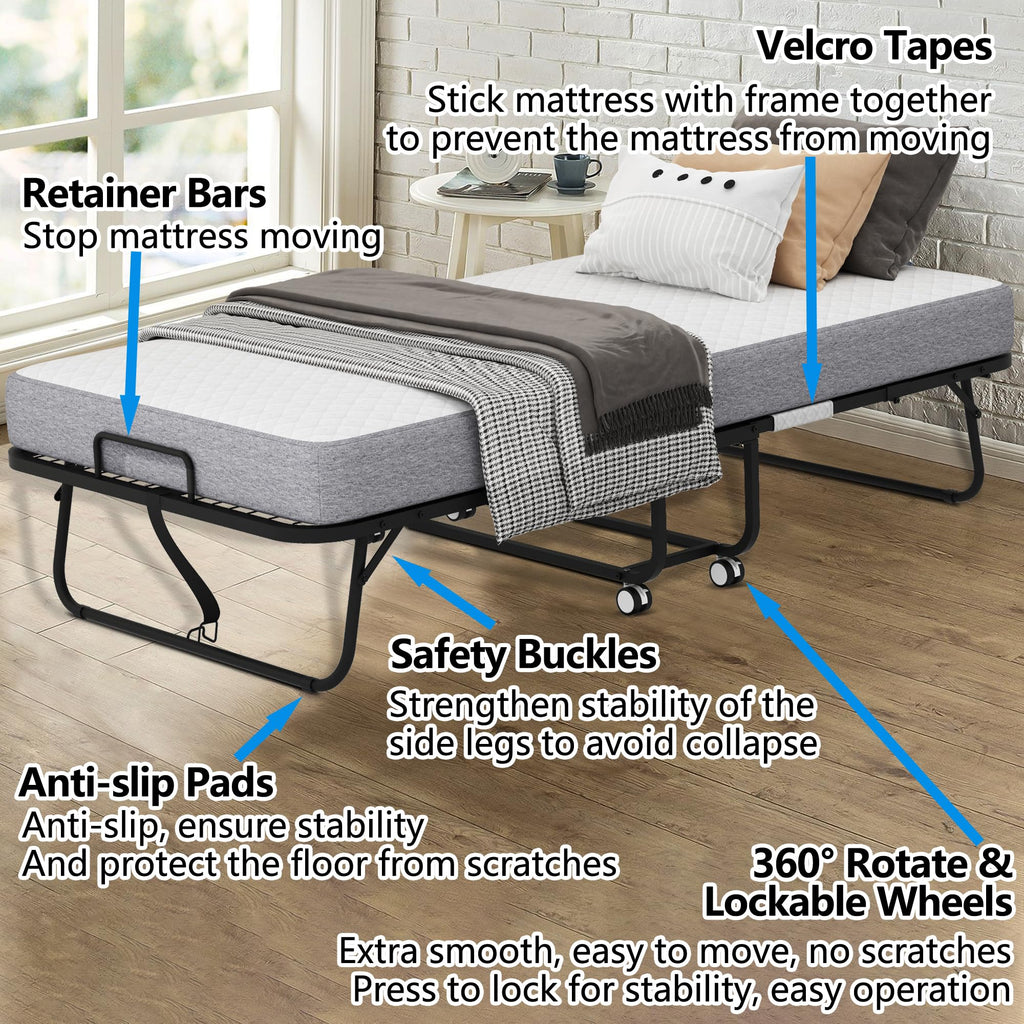 Folding Bed with 5" Memory Foam Mattress Twin Size Metal Frame V330