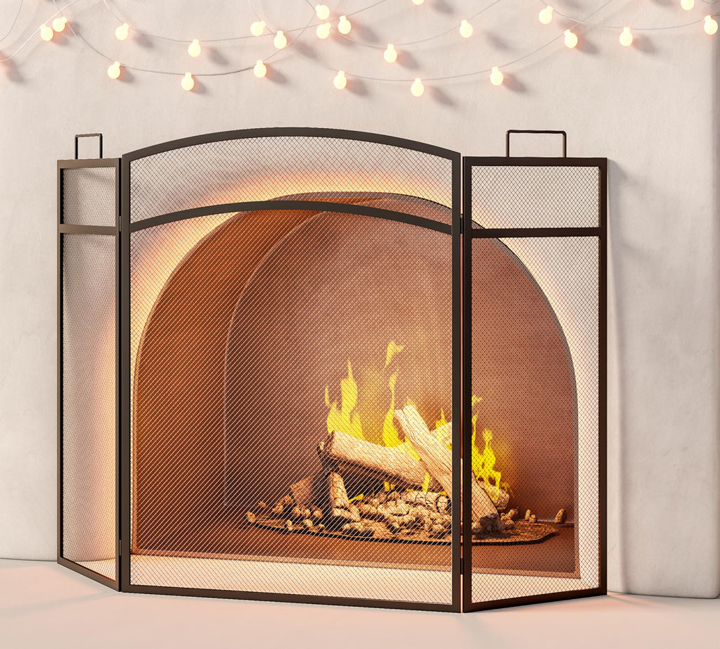 Black Foldable Wrought Metal Mesh Fireplace Screen S8124