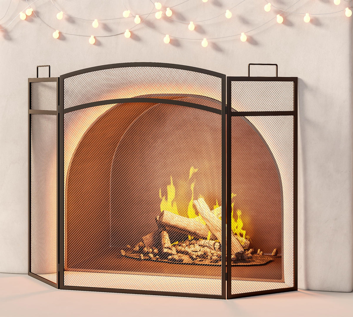 Black Foldable Wrought Metal Mesh Fireplace Screen S8124