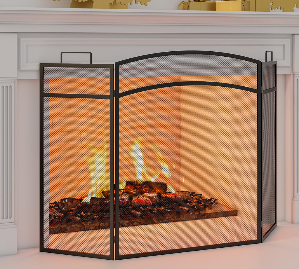 Black Foldable Wrought Metal Mesh Fireplace Screen S8124