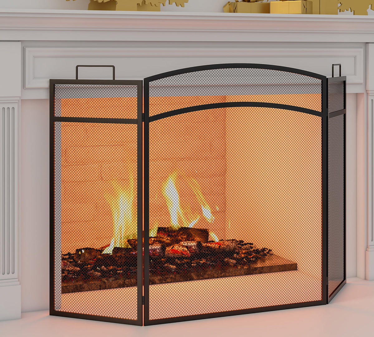 Black Foldable Wrought Metal Mesh Fireplace Screen S8124